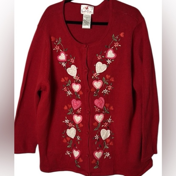 Quacker Factory embroidered  knit cardigan,red button front,hearts,sequins,felt - Picture 1 of 11